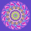 MANDALA FLOWER. COLORFUL IMAGE. PLAIN PURPLE BACKGROUND. CENTRAL DESIGN IN PURPLE, PINK, BLUE, YELLOW, GREEN. VINTAGE STYLE