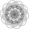 Mandala antistress coloring page with curls and symmetrical stripes, outline round motif with volumetric elements