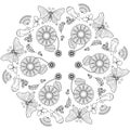 Mandala Black and White botanical butterfly and flower vector Illustration. Royalty Free Stock Photo