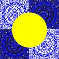 Mandala blue yellow pattern symmetrical seamless wallpaper vector