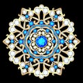 brooch jewelry, design element. Tribal ethnic floral pattern round with precious stones. Geometric vintage ornamental