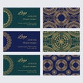 Set of luxury golden ornaments, frames and patterns on blue and green backgrounds Royalty Free Stock Photo