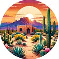 Mandala circle desert color cactus flower evening mountains sunset Royalty Free Stock Photo