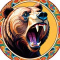 Mandala circle grizzly bear portrait open mouth natural