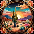 Mandala circle red desert sunset beauty cactus blossom display Royalty Free Stock Photo