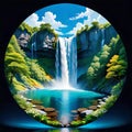 Mandala circle waterfall water pool tropical vegetation