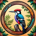 Mandala circle woodpecker bird perching stump Royalty Free Stock Photo