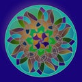 MANDALA CIRCLES FLOWER. PLAIN BLUE BACKGROUND. LINEAR PATTERN, COLORFUL IMAGE IN PURPLE, GREEN, BROWN, RED, ORANGE Royalty Free Stock Photo