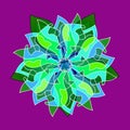 MANDALA WIND FLOWER. PLAIN PURPLE BACKGROUND. CENTRAL LINEAR PATTERN. FLOWER IN GREEN, TURQUOISE AND WHITE