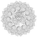 Mandala coloring page with abstract female portrait in center and crown, holiday festival contour illustration