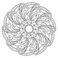 Mandala coloring page with curls and symmetrical stripes, antistress illustration for meditative coloring