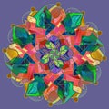 MANDALA FLOWER. PLAIN PURPLE BACKGROUND. CENTRAL DESIGN IN ORANGE, GREEN, BROWN, YELLOW, BLUE AND TUQUOISE.