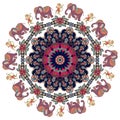 Mandala with cute cartoon elephants and dancing monkeys with clematis - flower.