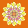 MANDALA DAHLIA FLOWER. PLAIN ORANGE BACKGROUND. COLORFUL DESIGN IN YELLOW, PINK, PURPLE, WHITE AND GREEN Royalty Free Stock Photo