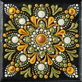 Mandala dot art painting on wood tiles. Beautiful mandala hand painted by colorful dots on black wood. National patterns Royalty Free Stock Photo