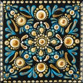 Mandala dot art painting on wood tiles. Beautiful mandala hand painted by colorful dots on black wood. National patterns Royalty Free Stock Photo