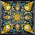 Mandala dot art painting on wood tiles. Beautiful mandala hand painted by colorful dots on black wood. National patterns Royalty Free Stock Photo