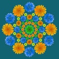 Mandala from dried pressed flowers, petals. Calendula officinalis. Mandala is symbol of Buddhism, yoga. Ornament mandala with