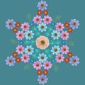 Mandala from dried pressed flowers, petals. Cosmos flowers. Mandala is symbol of buddhism, hinduism, yoga. Ornament mandala with