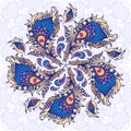 Mandala of feathers. Circular ornament of stylized peacock feathers on a decorative background Royalty Free Stock Photo