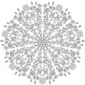 Mandala of floral elements for coloring book. Round monochrome pattern of abstract floral elements.