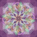 MANDALA FLOWER. ABSTRACT PURPLE BACKGROUND. CENTRAL DESIGN IN PINK, GREEN, BLUE, PURPLE AND WHITE . ART DECO STYLE Royalty Free Stock Photo