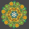 Mandala flower dot art. Orange, green and yellow dots.  Illustration. Royalty Free Stock Photo