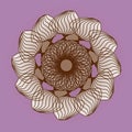 MANDALA FLOWER. PLAIN PURPLE BACKGROUND. TEXTURED CENTRAL DESIGN. FLOWER IN BROWN