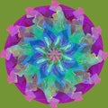 MANDALA FLOWER., TIFFANY STYLE. CENTRAL FLOWER IN BLUE, GREEN, ORANGE, PURPLE AND PINK, PLAIN OLIVE BACKGROUND