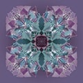 MANDALA FLOWER, TIFFANY STYLE. PLAIN PURPLE BACKGROUND. CENTRAL LINEAR DESIGN IN PURPLE, VIOLET, GREEN AND WHITE