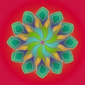 MANDALA FLOWER. PLAIN RED BACKGROUND. CENTRAL FLOWER IN GREEN, BLUE, YELLOW, FUCHSIA.