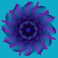 SUNFLOWER MANDALA. PLAIN TURQUOISE BACKGROUND. LINEAR DESIGN IN BLUE, COLORFUL IMAGE IN PURPLE, FUCHSIA AND BLUE Royalty Free Stock Photo