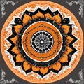 Mandala in Halloween style. Orange and black. Leaves, cobwebs