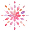 Mandala like decoration leaves in a circle. Floral watercolor pink red element. Stylized leaves