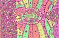 Mandala and little circles. Psychedelic colorful hippie surreal illustration. Abstract line art. Doodle texture for background.