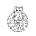 Mandala Magic a Cheerful Cat Inside a Spiral Design Coloring Sheet for Kids Royalty Free Stock Photo