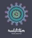 Mandala om. Round Ornament Pattern. Trance decorative element. Hand drawn background. Vector poster