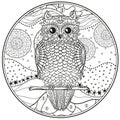 Mandala with owl. Design Zentangle. Royalty Free Stock Photo