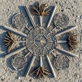 Mandala pattern is created on sand using driftwood sticks and Royalty Free Stock Photo
