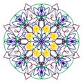 The mandala is patterned with yellow flowers and bright lines. Royalty Free Stock Photo