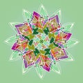 MANDALA FLOWER. PLAIN LIGHT GREEN BACKGROUND. CENTRAL FLOWER IN WHITE, PURPLE, OLIVE, GREEN, AND FUCHSIA.