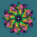 MANDALA DAHLIA FLOWER. PLAIN BLUE BACKGROUND. CENTRAL FLOWER IN PINK, FUCHSIA, PURPLE, BLUE, RED AND YELLOW. Royalty Free Stock Photo