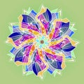 MANDALA FLOWER. PLAIN OLIVE BACKGROUND. CENTRAL FLOWER IN WHITE, PURPLE, BLUE, GREEN, AQUAMARINE.