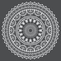 Mandala retro lace vector pattern, round design with flowers and swirls in white on gray background