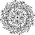 Mandala with spiral and striped motifs, coloring page with hearts