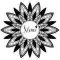 Mandala with text Merci - Thank You in english, black and white illustration