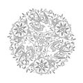 Mandala with three beautiful flying birds and floral background. Royalty Free Stock Photo