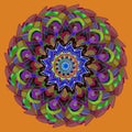 MANDALA FLOWER. COLORFUL IMAGE. PLAIN ORANGE BACKGROUND. CENTRAL FLOWER IN VIOLET, PURPLE, GREEN, BLUE, BURGUNDY