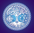 Mandala Tree of Life. Symbolic tree on blue tracery background. Vector