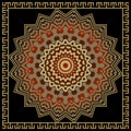 Mandala. Zigzag ornament. Zig zag pattern with square meander frame, border. Roung colorful mandala with greek key meanders